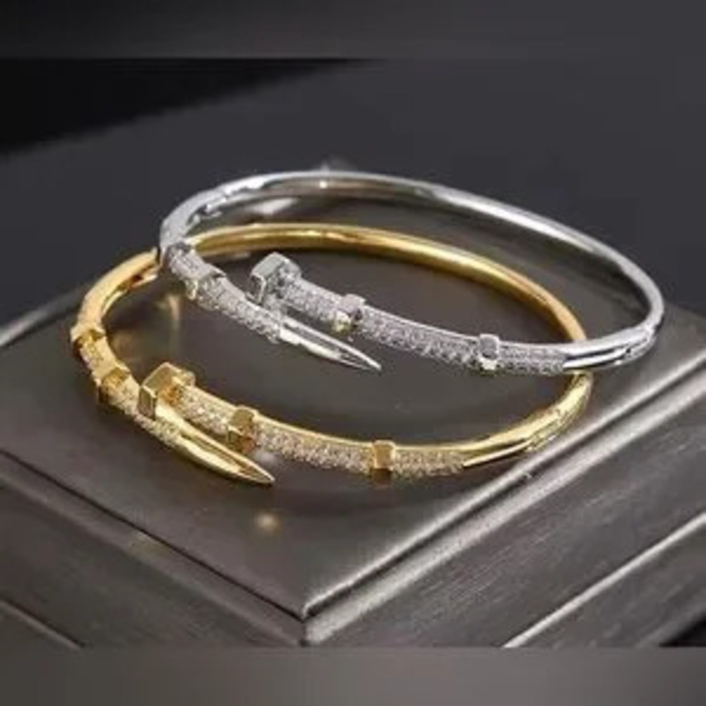 18K White Gold Nail Bolt Screw Bracelet Bangle Diamond Inlay Designer Inspired